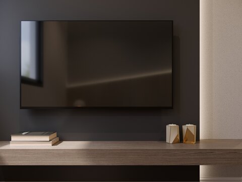 3D rendering  of  low cabinet with TV on black wall