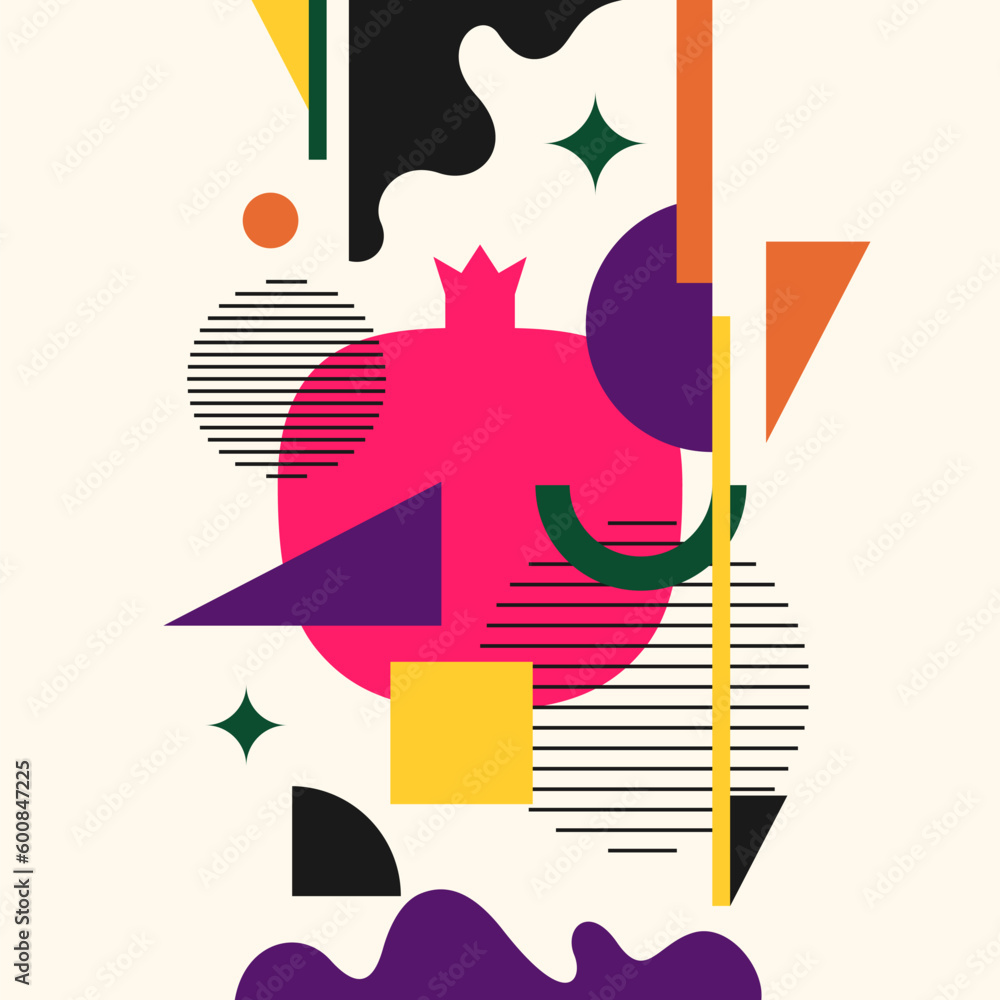 Poster vector graphics in a minimalistic style with geometric elements. illustration of a pomegranate in a 