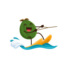 Cartoon fresh feijoa fruit enjoying jet ski sports on summer holiday at beach. Isolated vector amusing personage engaging in outdoor activities and leisure at ocean seaside resort during vacation
