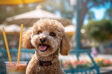 Medium shot portrait photography of a happy poodle having a smoothie against botanical gardens background. With generative AI technology