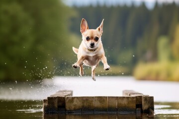 Headshot portrait photography of a tired chihuahua jumping over an obstacle against lakes and rivers background. With generative AI technology
