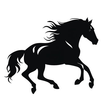 A black horse is galloping on a white background. Generative AI.