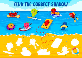 Find the correct shadow of cartoon berry characters on beach. Silhouette find vector riddle worksheet with strawberry, raspberry, honeyberry and rosehip, grape, cherry swimming and surfing personages