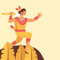 illustration of native american tribe hunting with spear,traditional and primitive way.isolated flat design
