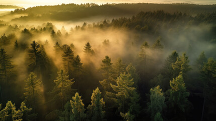Aerial View of the Lush North German Forest at Sunrise. Generative AI