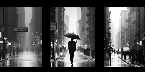 AI Generated. AI Generative. Monochrome black and white city urban photo realistic illustration with lonely person. Noir drama lonely vibe. Graphic Art