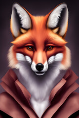 Fototapeta premium Portrait of a beautiful fox in clothes on a dark background. Colorful wildlife portrait. Spring holidays poster, generative AI.