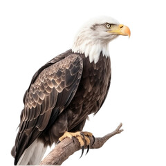 Obraz premium an isolated bald eagle (Haliaeetus leucocephalus) , sitting on a branch, preservation, Wildlife-themed, photorealistic illustration on a transparent background cutout in PNG. generative ai