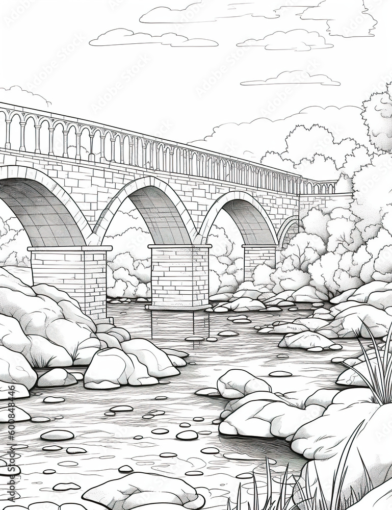 Poster a drawing of a bridge over a river. generative ai.