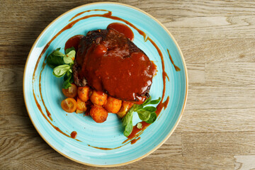 Roasted beef, Rib Eye with sauce, potato and vegetables