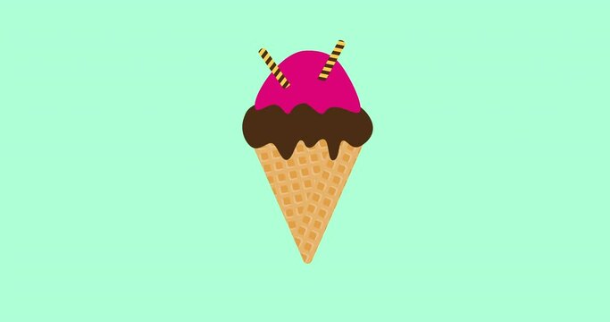 Animation of background with ice cream. Summer ice cream cones on a changing color background. 4K resolution summer dessert loop animation.