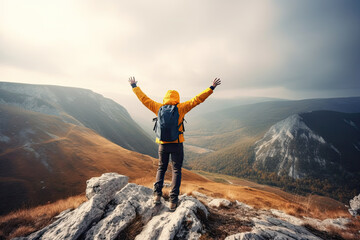 Young man standing on top of hill with hands up with blue backpack. Young guy raising hands up in nature, created with Generative AI