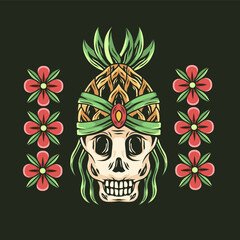 vector illustration of skull head wearing pineapple and red floral ornament.design in retro and vintage style