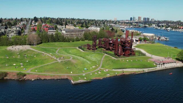 People Laying on Picnic Blankest at Gas Works Park Aerial