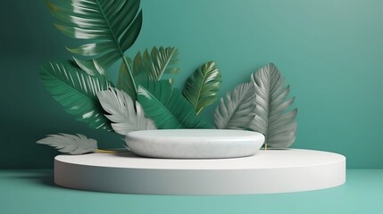 White podium-style shelf with backgrounds featuring rocks, green foliage, and tropical leaves. Generetive AI