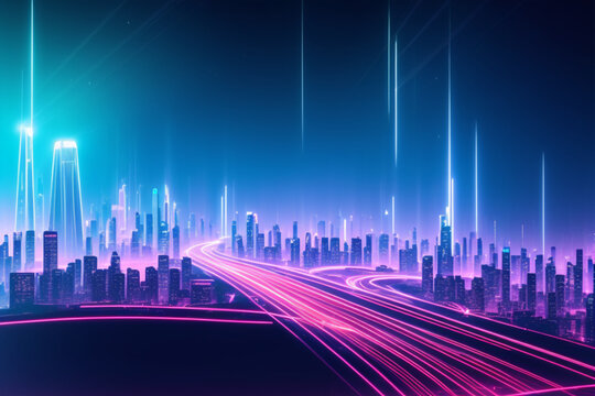 Beautiful 2 blue tone image of a neon style city, AI image in high resolution