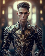 Portrait of a handsome young man in futuristic armor. Generative ai