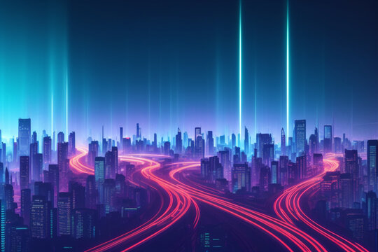 Beautiful 3 blue tone image of a neon style city, AI image in high resolution