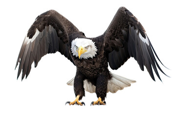 Fototapeta na wymiar an isolated bald eagle (Haliaeetus leucocephalus) , front view wings spread open, preservation, Wildlife-themed, photorealistic illustration on a transparent background cutout in PNG. Generative AI