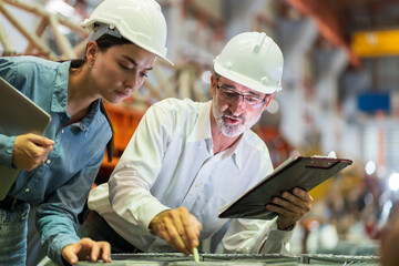 A new generation of engineers in a metal sheet factory. Studying work methods from supervisors or...