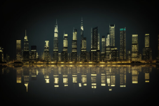 Beautiful 3 tone black and gold image of a neon style city, AI image in high resolution