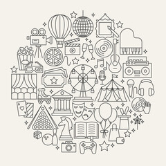 Entertainment Line Icons Circle. Vector Illustration of Outline Design.