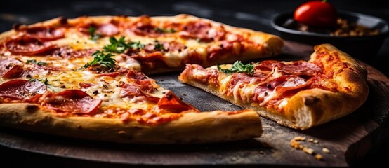 Tasty pepperoni pizza and cooking ingredients tomatoes basil on black concrete background. Top view of hot pepperoni pizza. With copy space for text. Flat lay. Banner