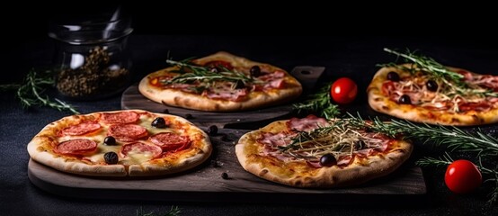 Fototapeta na wymiar Tasty pepperoni pizza and cooking ingredients tomatoes basil on black concrete background. Top view of hot pepperoni pizza. With copy space for text. Flat lay. Banner