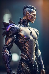 Artificial intelligence cyborg man portrait on blurred background. Generative ai