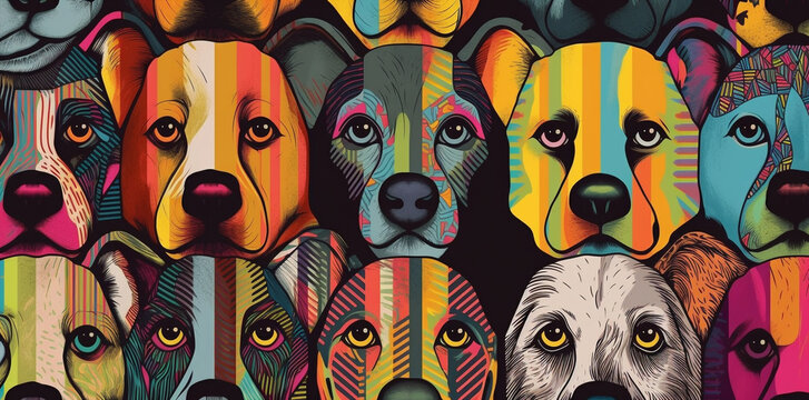 pattern with dog faces, urban graffiti style collage, po art colorful mood, trendy, generative ai illustration