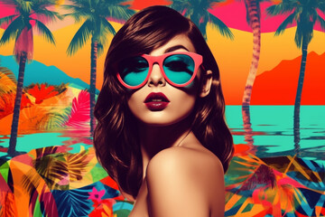 pop art collage of a brunette model girl with peculiar sunglasses on a palm tree summer beach vibe background, colorful abstract theme concept, generative ai illustration - obrazy, fototapety, plakaty