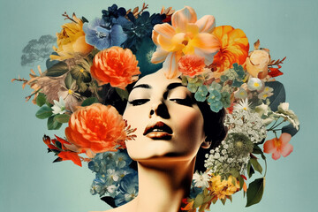 retro style collage of a model with an iconic beauty surrounded by colorful flowers, spring and sumemr vibes, generative ai illustration