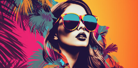 pop art collage of a brunette model girl with peculiar sunglasses on a palm tree summer beach vibe background, colorful abstract theme concept, generative ai illustration