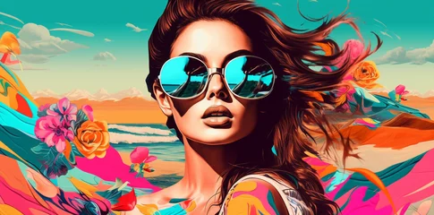Fotobehang pop art collage of a brunette model girl with peculiar sunglasses on a palm tree summer beach vibe background, colorful abstract theme concept, generative ai illustration © aledesun
