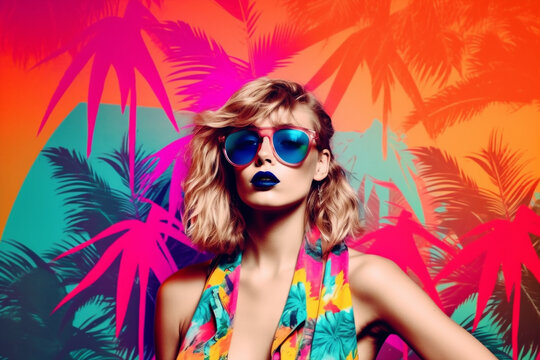 pop art collage of a blonde model girl with peculiar sunglasses on a palm tree summer vibe background, colorful abstract theme concept, generative ai illustration