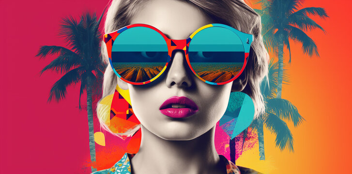 pop art collage of a brunette model girl with peculiar sunglasses on a palm tree summer beach vibe background, colorful abstract theme concept, generative ai illustration