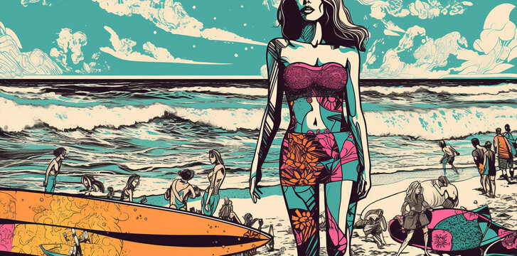 pop art collage of a  surfer model girl with bikini on the beach summer vibe background, colorful abstract theme concept, generative ai illustration