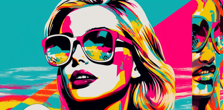 pop art collage of a blonde model girl with peculiar sunglasses on a palm tree summer vibe background, colorful abstract theme concept, generative ai illustration