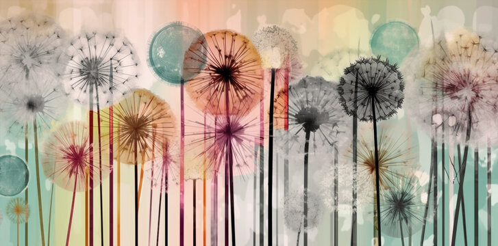 contemporary banner x ray stile, dandelions flowers pattern on pastel background, generative ai illustration © aledesun