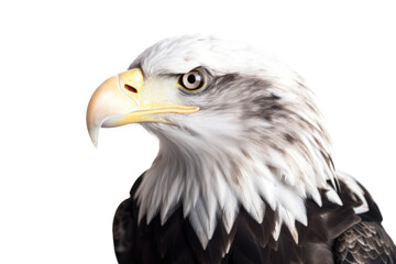 Fototapeta premium an isolated bald eagle (Haliaeetus leucocephalus), side view, portrait close-up, preservation, Wildlife-themed, photorealistic illustration on a transparent background cutout in PNG. generative ai