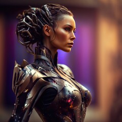 Beautiful cyborg woman in futuristic armor. Generative ai