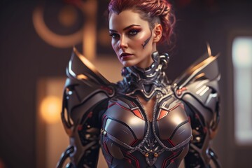 Portrait of beautiful young cyborg woman with red hair in futuristic armor. Generative ai