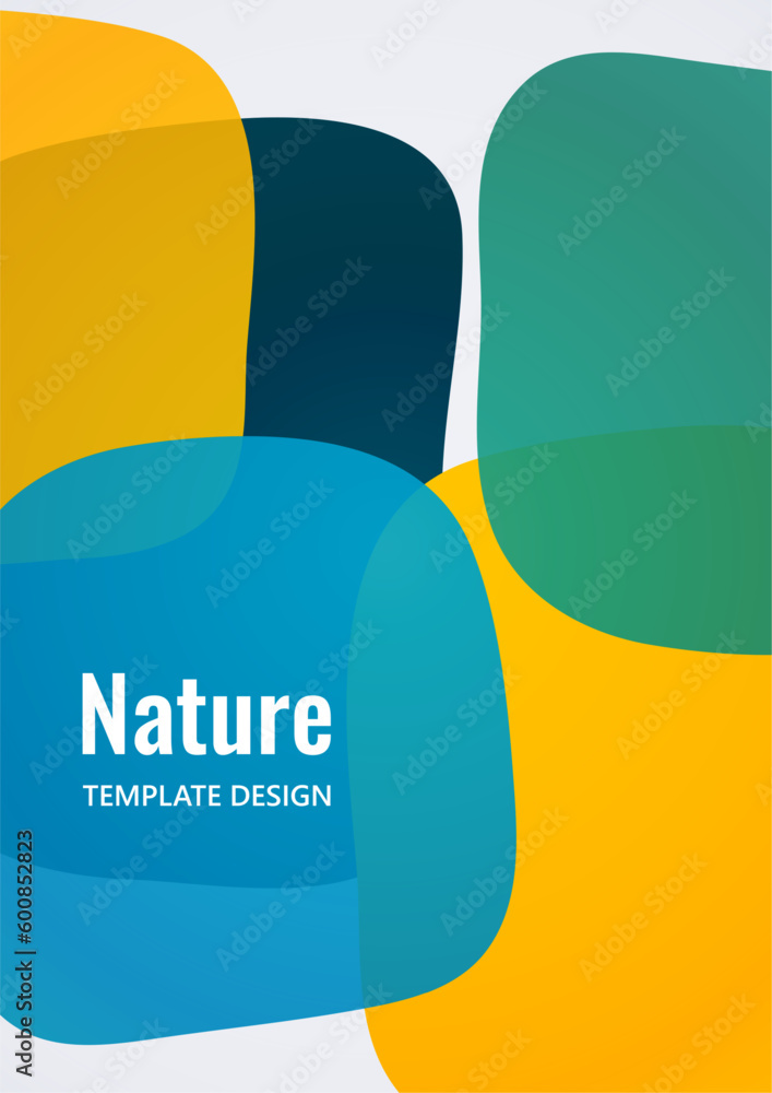 Poster geometric composition with a transparent overlay of colored rounded, square shapes. vector.
