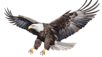 Fototapeta premium an isolated bald eagle (Haliaeetus leucocephalus), flying in motion and in landing position, elusive, Wildlife-themed, photorealistic illustration on a transparent background PNG. Generative AI 