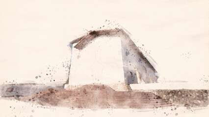 Digital watercolor painting, of an unfinished building with tiled roof