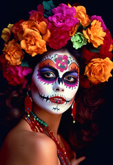 A woman with a sugar skull make - up and flowers in her hair. Generative AI.