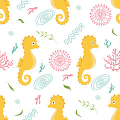 Vector seamless pattern with seahorses and fantasy plants in a flat style on a white background. © Ольга Никифорова