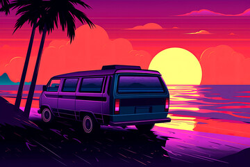 Fototapeta na wymiar Generative AI illustration of a van sitting by the beach at sunset, in the style of retrowave