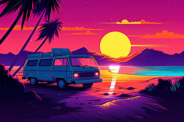 Generative AI illustration of a van sitting by the beach at sunset, in the style of retrowave