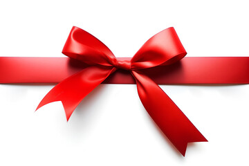 Fototapeta premium Creative template concept. Red ribbon bow on white background wrapping. Copy text space. Template for art graphic sign Christmas celebration greeting